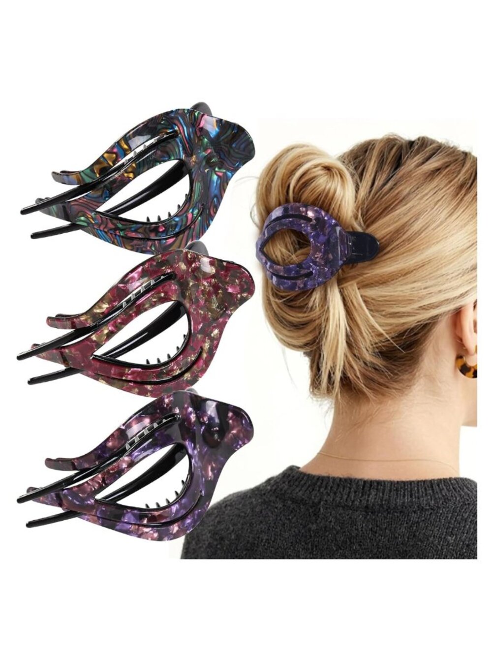 French Concord Hair Claw Clips 3Pc Large Strong Hold No Slip Grip Bun Updo